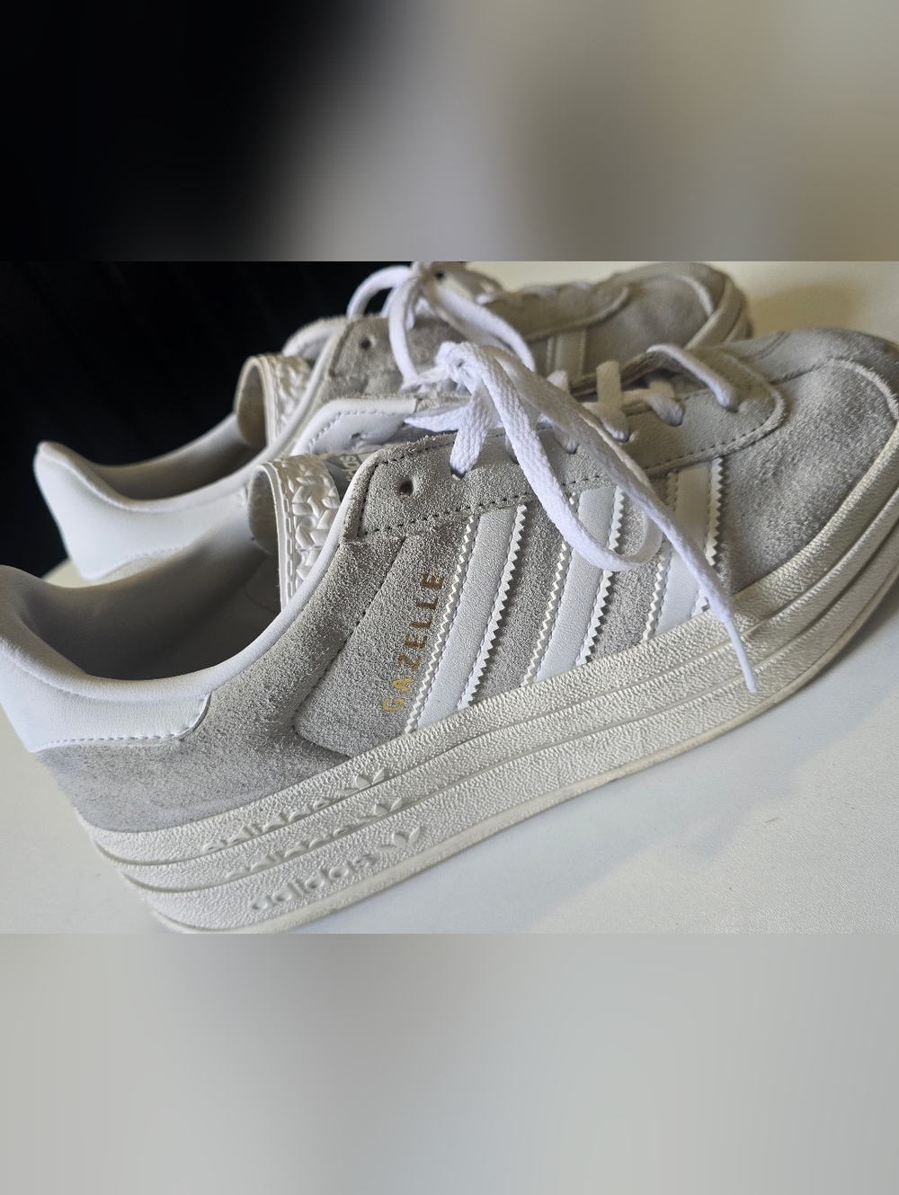adidas Gazelle Suede Sneakers in Light Gray and White with Gold Accent